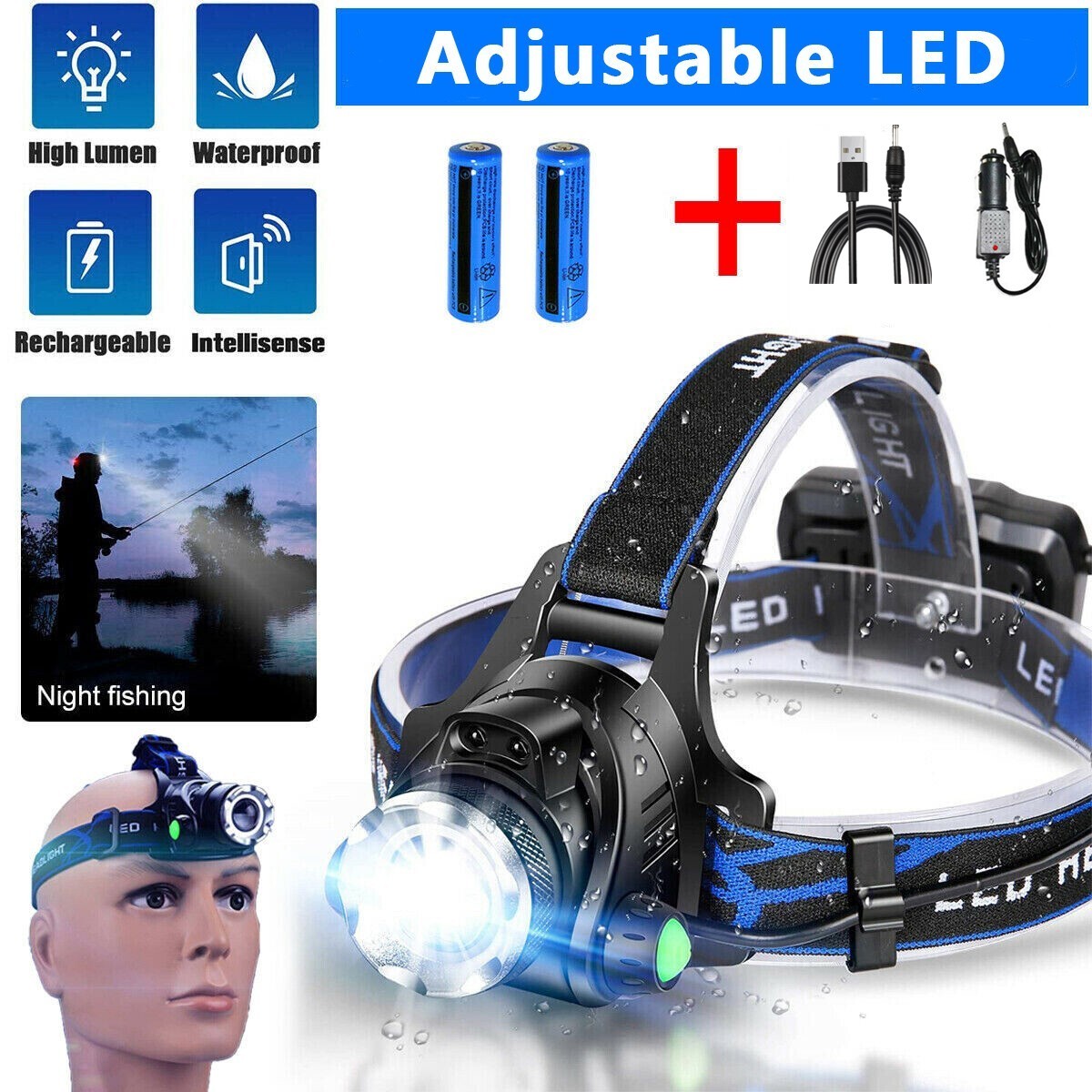 LED Headlamp Rechargeable Head Torch Zoom Headlight Super Bright Flashlight 3 Modes Work Light With 2 Li-ion Batteries