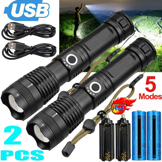 LED Flashlight Zoom USB Rechargeable Super Bright Torch Camping Lamp Work Light