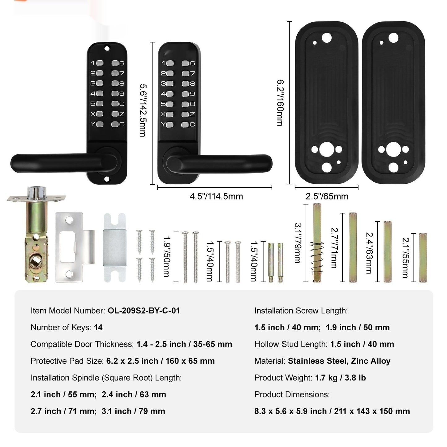 Mechanical Keyless Entry Door Lock, 14 Digit Keypad, Double-sided Embedded Outdoor Gate Door Locks Set With Keypad And Handle, Water-proof Zinc Alloy, Easy To Install, For Garden, Yard, Garage