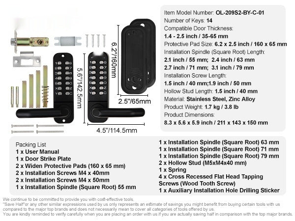 Mechanical Keyless Entry Door Lock, 14 Digit Keypad, Double-sided Embedded Outdoor Gate Door Locks Set With Keypad And Handle, Water-proof Zinc Alloy, Easy To Install, For Garden, Yard, Garage
