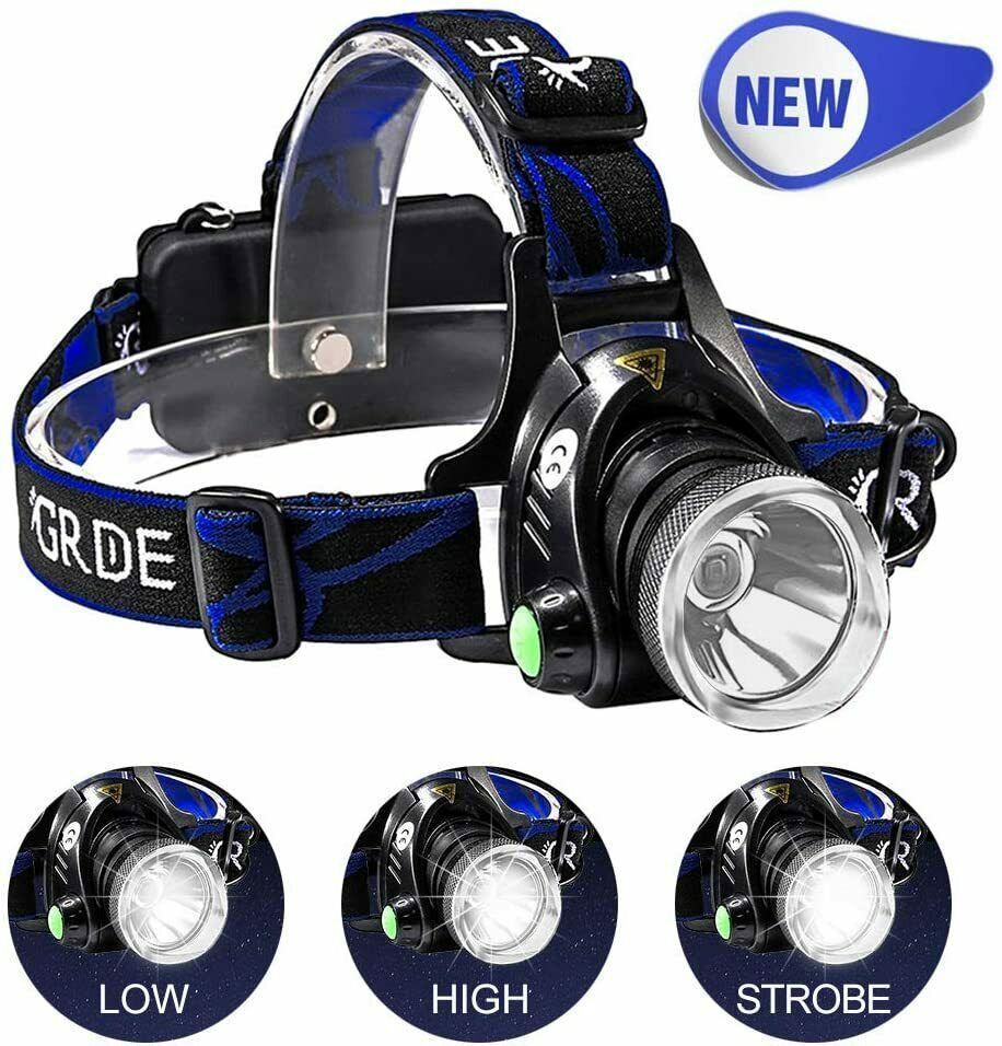 LED Headlamp Rechargeable Head Torch Zoom Headlight Super Bright Flashlight 3 Modes Work Light With 2 Li-ion Batteries