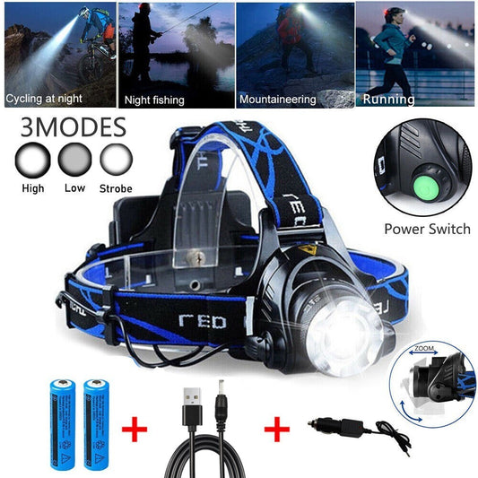 LED Headlamp Rechargeable Head Torch Zoom Headlight Super Bright Flashlight 3 Modes Work Light With 2 Li-ion Batteries